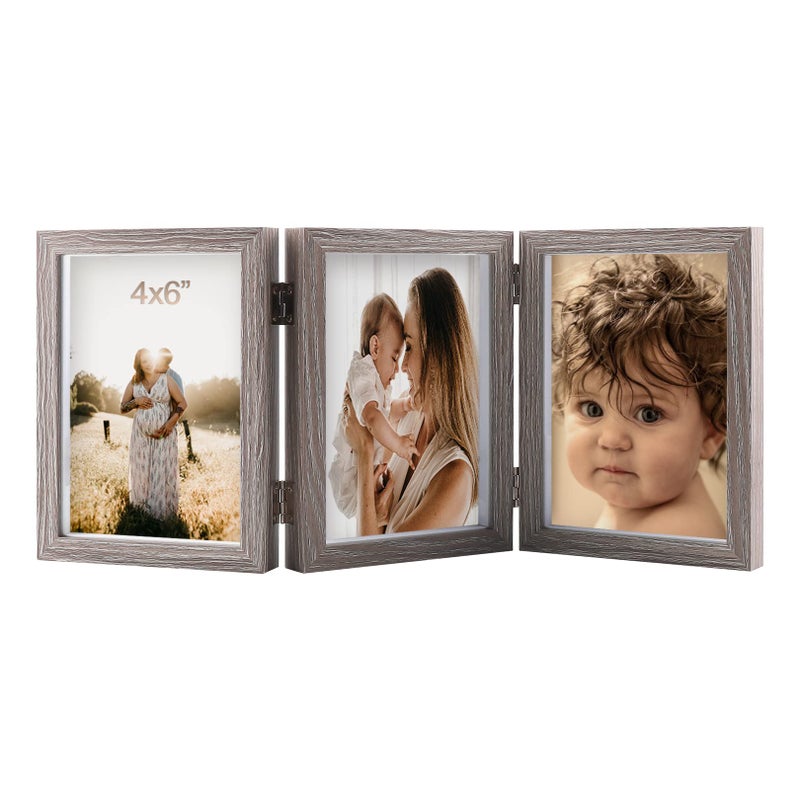 WUTL 4x6 Triple Hinged Picture Frames Shadow Box MDF Wood Grey with Real Glass 3 Vertical Opening Family Lover Gift 