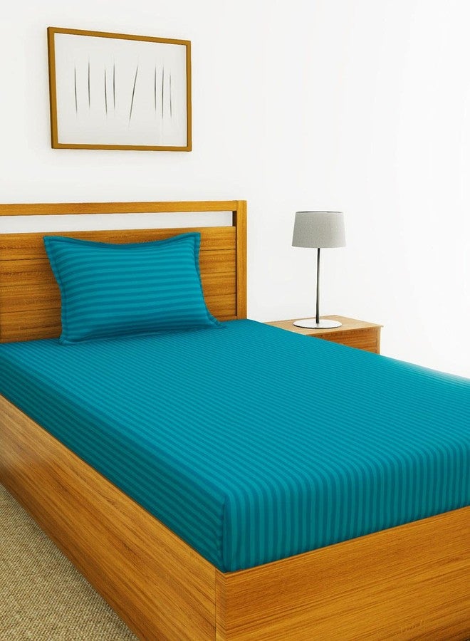 BIANCA 210TC Super Soft 100% Egyptian Cotton Satin Stripe Single Bedsheet with 1 Pillow Cover -2Pc Set (Hilton) Stripe-Souba Blue - Image 1