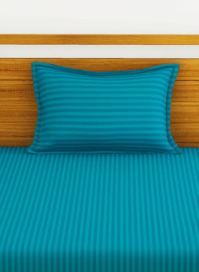 BIANCA 210TC Super Soft 100% Egyptian Cotton Satin Stripe Single Bedsheet with 1 Pillow Cover -2Pc Set (Hilton) Stripe-Souba Blue - Image 2