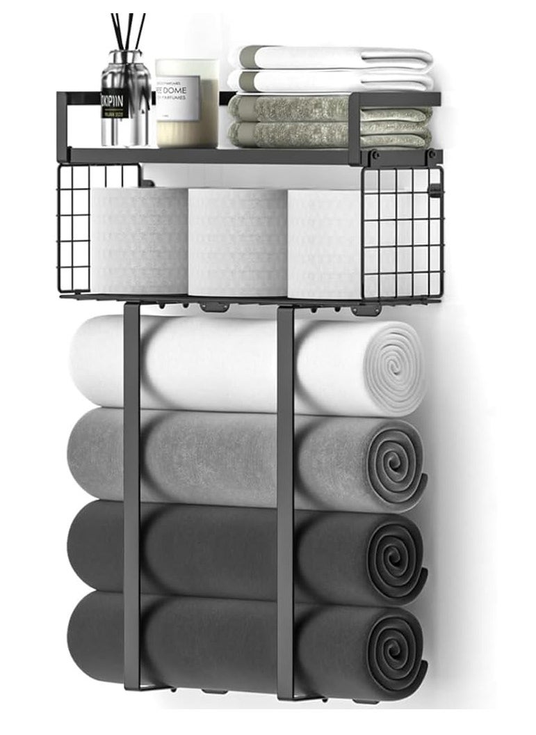 DMG TECH Towel Racks for Bathroom, Metal Towel Holder with Storage Basket,Wall Towel Rack for Rolled Towels, Towel Storage for Small Bathroom,Vertical Towel Rack for Bathroom Wall Decor  - Image 1