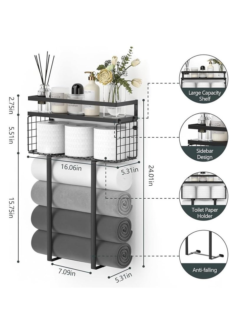 DMG TECH Towel Racks for Bathroom, Metal Towel Holder with Storage Basket,Wall Towel Rack for Rolled Towels, Towel Storage for Small Bathroom,Vertical Towel Rack for Bathroom Wall Decor  - Image 3