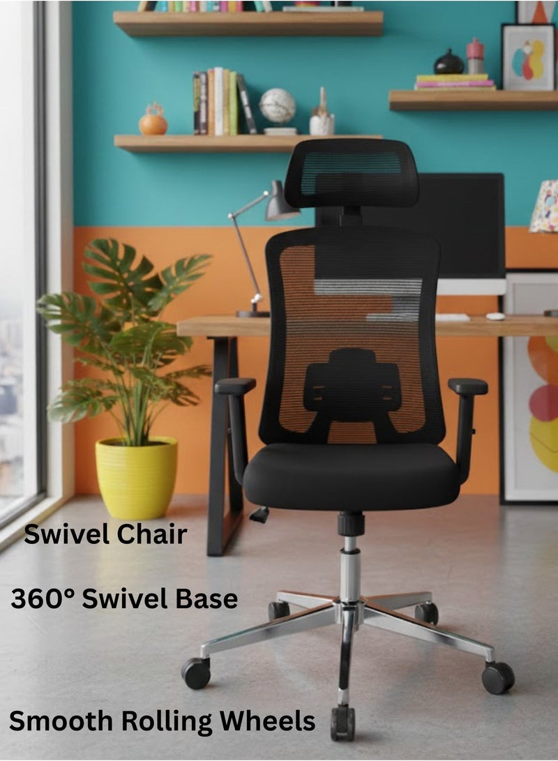 Furalux Ergonomic Mesh Office Chair with Adjustable Headrest, Lumbar Support, 3D Armrests, High Back Swivel Computer Chair – Black - Image 1