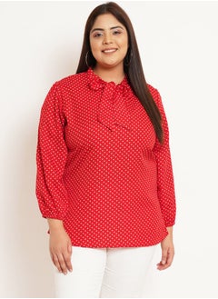 Plus Polka Dot Print Tie-Up Neck Crepe Top by Styli