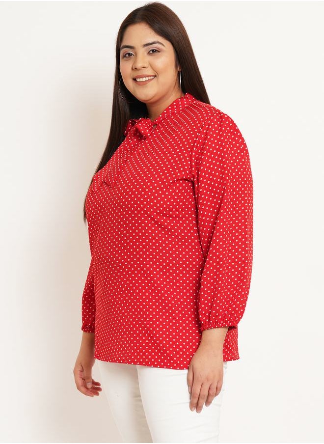 U&F - Plus Polka Dot Print Tie-Up Neck Crepe Top by Styli - Image 1