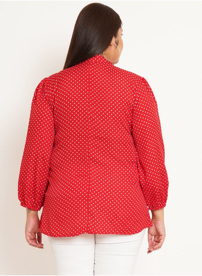 U&F - Plus Polka Dot Print Tie-Up Neck Crepe Top by Styli - Image 1