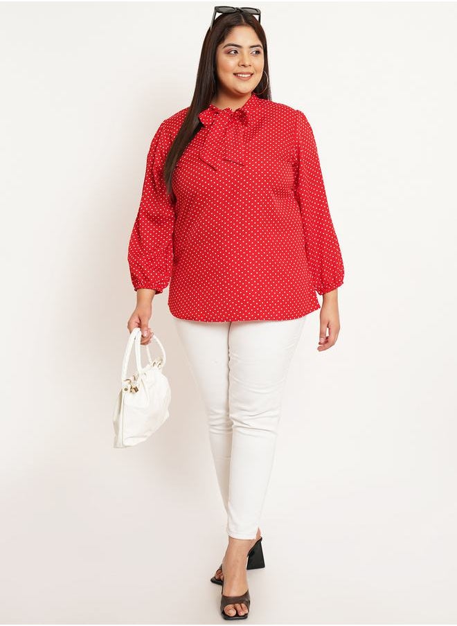 U&F - Plus Polka Dot Print Tie-Up Neck Crepe Top by Styli - Image 1