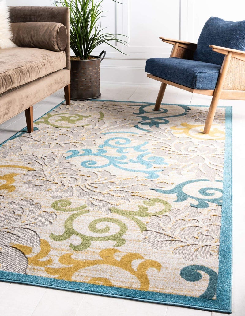 Unique Loom Outdoor Botanical Collection Area Rug  Savannah 4 1 x 6 1 Rectangle Blue Cream