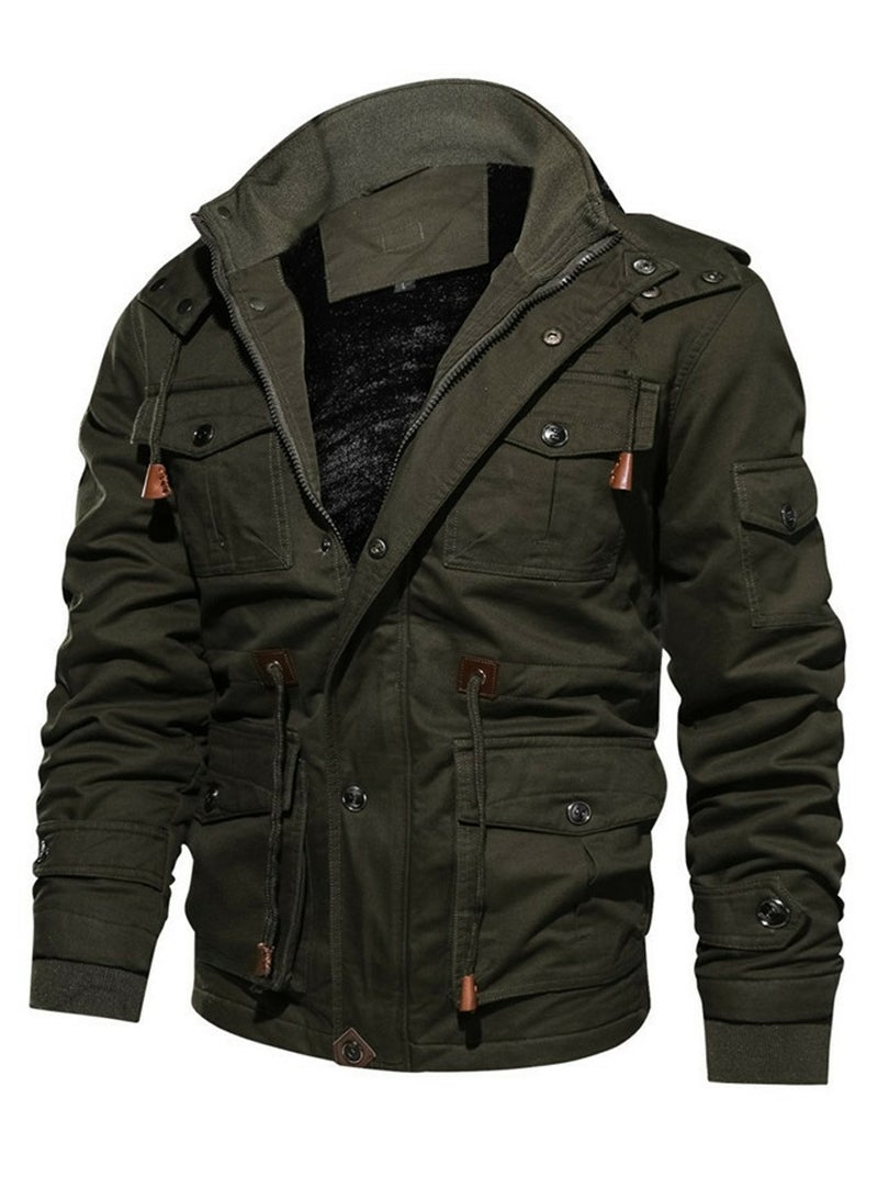 Loquat Men's Thick Hooded Zippered Slim Fit Outdoor Jacket Long Sleeve Casual Coat Army Green  - Image 1
