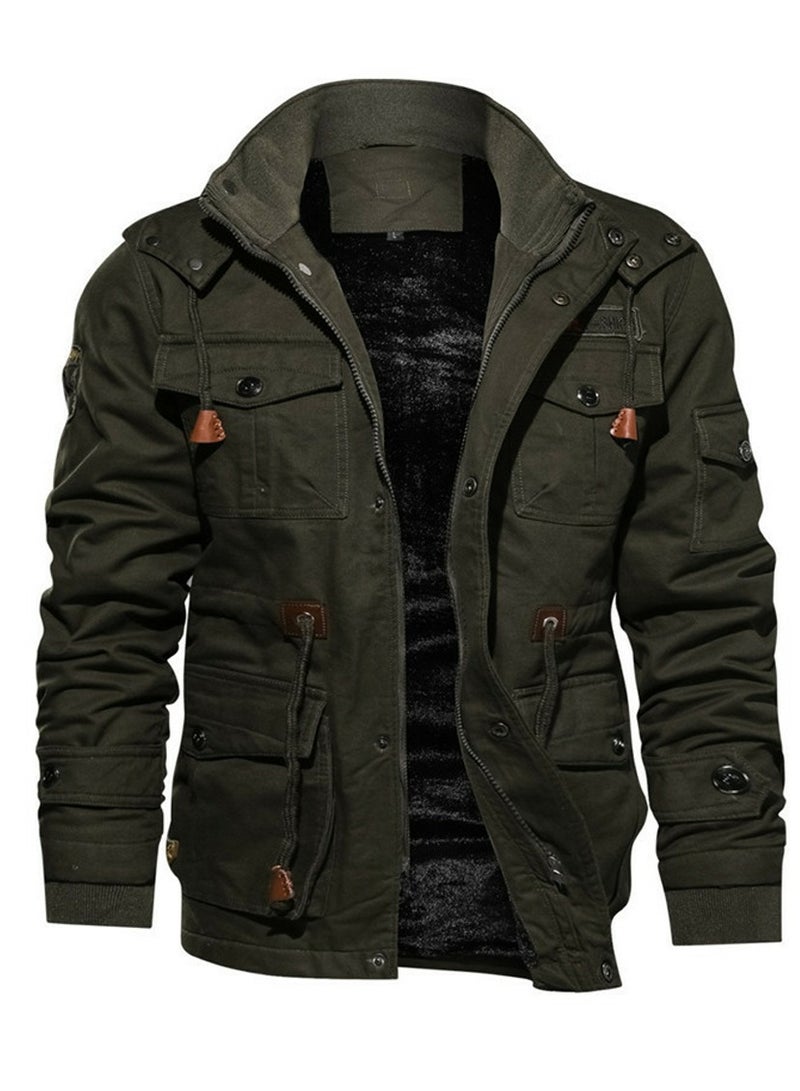 Loquat Men's Thick Hooded Zippered Slim Fit Outdoor Jacket Long Sleeve Casual Coat Army Green  - Image 2