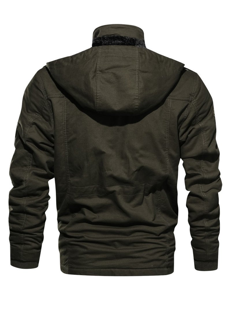 Loquat Men's Thick Hooded Zippered Slim Fit Outdoor Jacket Long Sleeve Casual Coat Army Green  - Image 3