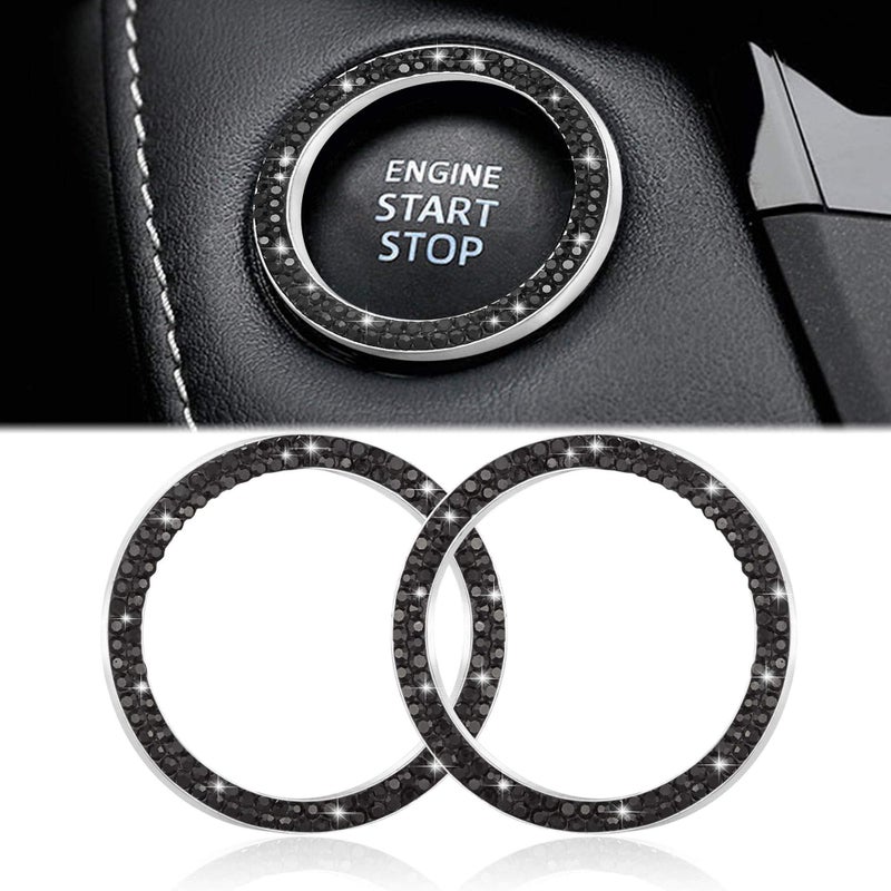 WINKA 2pcs Bling Car Engine Start Button Cover Diamond Crystal Push Start Stop Button Ring Sparkly Bling Ignition Button Cover Rhinestone Keyless Ignition Ring Universal Car Accessories Black