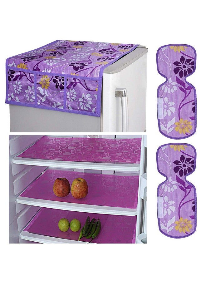 Kuber Industries Flower Design Combo PVC 3 Pieces Fridge Mats, 2 Piece Handle Cover and Fridge Top Cover (Purple, Standard) - Image 1