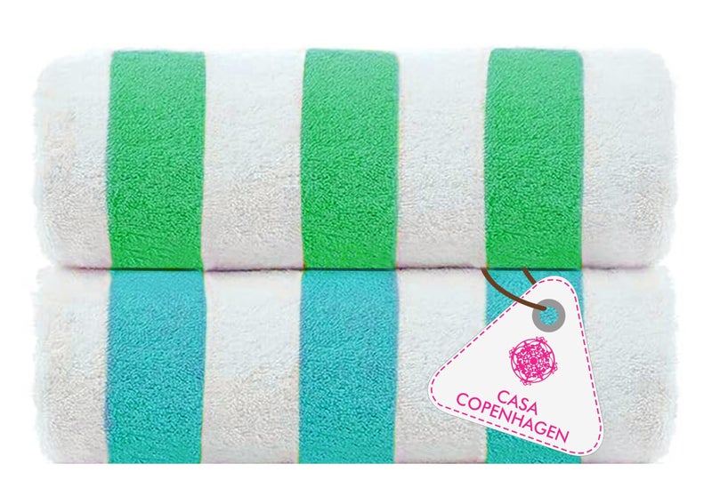 CASA COPENHAGEN منشفة شاطئ كاسا كوبنهاجن كابانا مصممة في الدنمارك، قوية ومتينة، سريعة الجفاف، للمسبح، الحمام والدش 75 × 150 سم، مجموعة من 2 قطعة من مناشف الشاطئ القطنية - تركواز وأخضر - Image 1