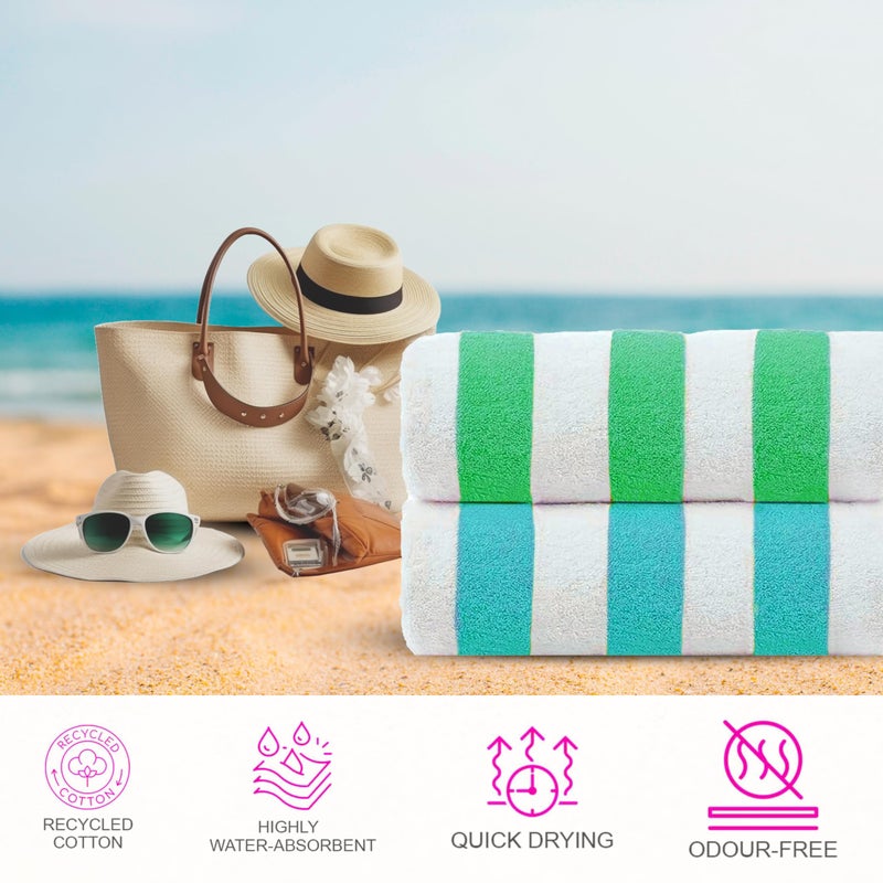 CASA COPENHAGEN منشفة شاطئ كاسا كوبنهاجن كابانا مصممة في الدنمارك، قوية ومتينة، سريعة الجفاف، للمسبح، الحمام والدش 75 × 150 سم، مجموعة من 2 قطعة من مناشف الشاطئ القطنية - تركواز وأخضر - Image 2