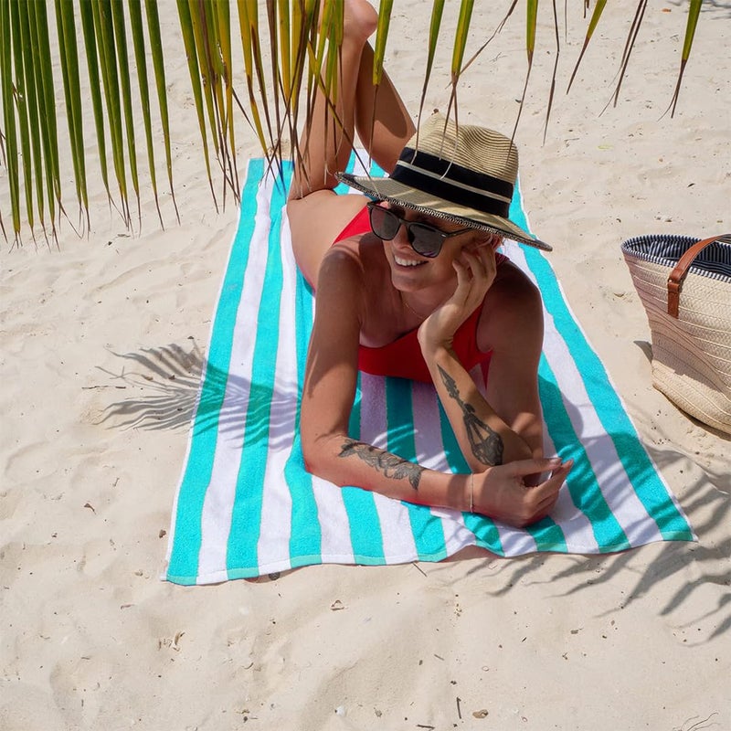 CASA COPENHAGEN منشفة شاطئ كاسا كوبنهاجن كابانا مصممة في الدنمارك، قوية ومتينة، سريعة الجفاف، للمسبح، الحمام والدش 75 × 150 سم، مجموعة من 2 قطعة من مناشف الشاطئ القطنية - تركواز وأخضر - Image 4