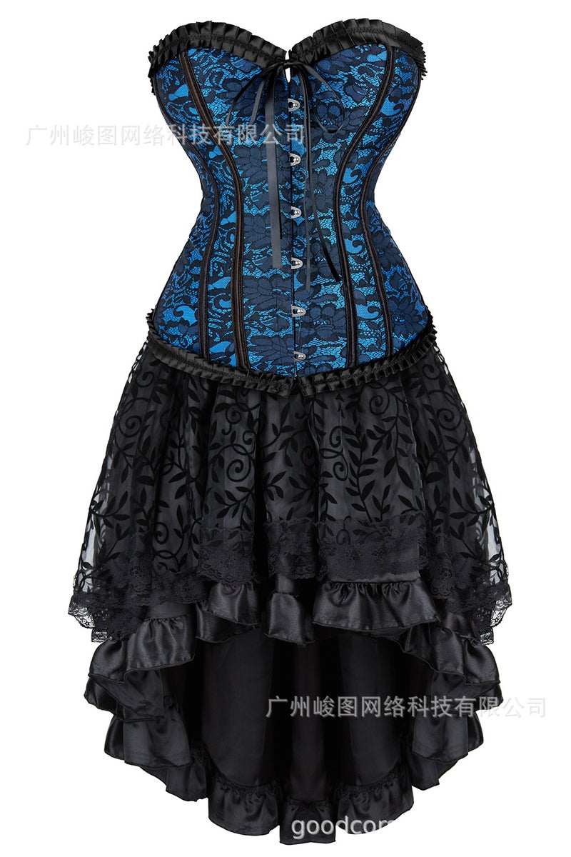Classic Lotus Leaf Lace Jacquard Adjustable Court Body Shaping Split Set Flocking Luxury Long Dress - Image 1