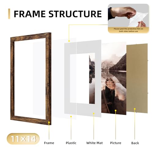 YESKAY 11x14 Picture Frame Set of 9, Photo Gallery Wall Frame Set, Display Pictures 8x10 with Mat or 11 x 14 Without Mat, Multi Photo Frames for Wall Mounting or Table Top Display, Rustic Brown - Image 4