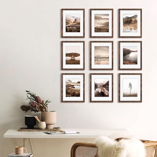 YESKAY 11x14 Picture Frame Set of 9, Photo Gallery Wall Frame Set, Display Pictures 8x10 with Mat or 11 x 14 Without Mat, Multi Photo Frames for Wall Mounting or Table Top Display, Rustic Brown - Image 5