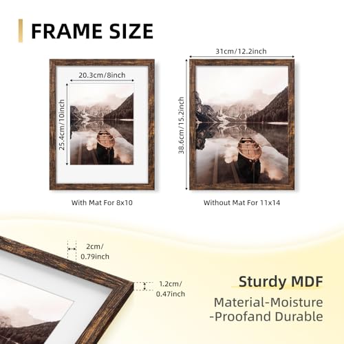 YESKAY 11x14 Picture Frame Set of 9, Photo Gallery Wall Frame Set, Display Pictures 8x10 with Mat or 11 x 14 Without Mat, Multi Photo Frames for Wall Mounting or Table Top Display, Rustic Brown - Image 2