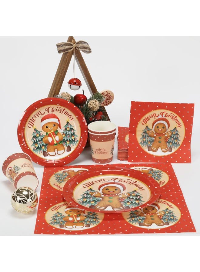 OTTPOOM 100 Pcs Gingerbread Christmas Decorations Set Serves 25 Disposable Holiday Party Tableware Gingerbread Man Paper Plates Napkins Cups - Image 4