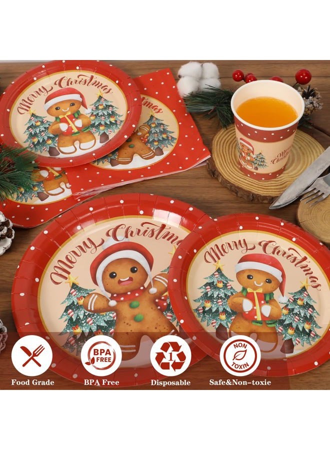 OTTPOOM 100 Pcs Gingerbread Christmas Decorations Set Serves 25 Disposable Holiday Party Tableware Gingerbread Man Paper Plates Napkins Cups - Image 3