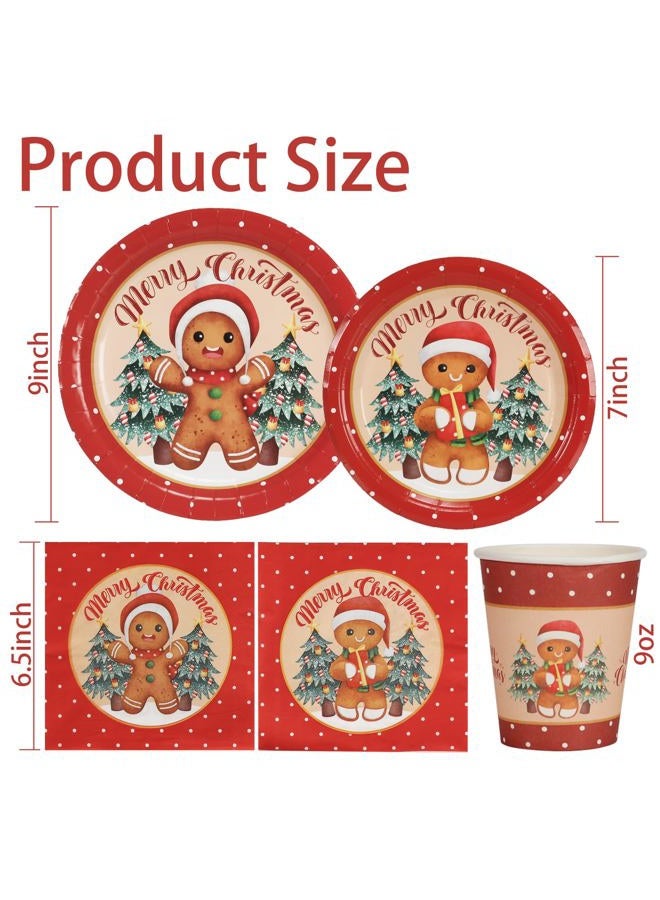 OTTPOOM 100 Pcs Gingerbread Christmas Decorations Set Serves 25 Disposable Holiday Party Tableware Gingerbread Man Paper Plates Napkins Cups - Image 2