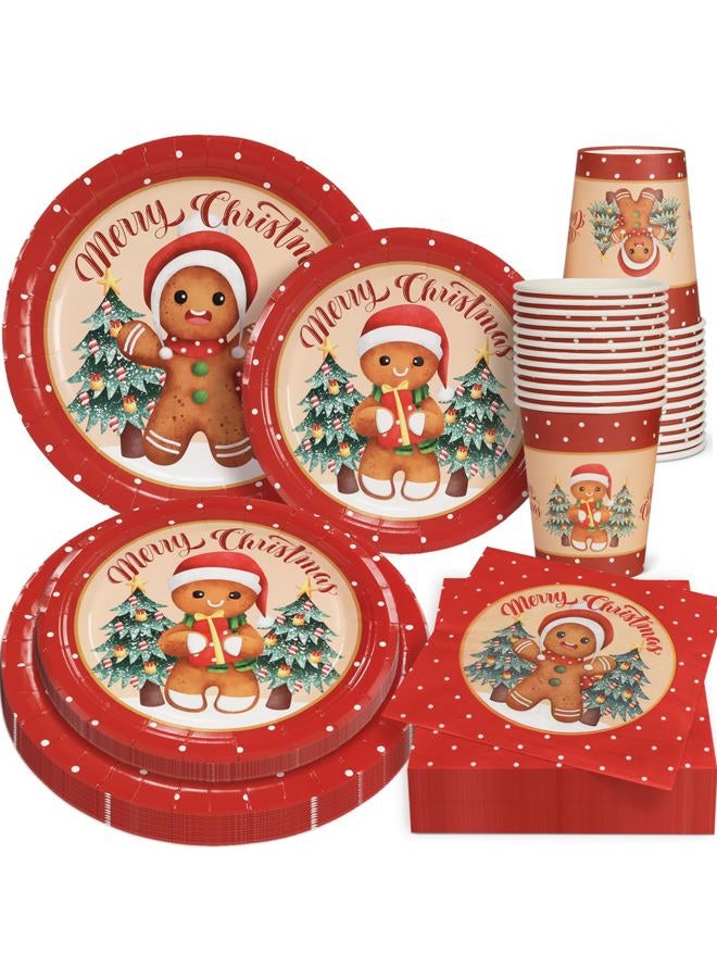 OTTPOOM 100 Pcs Gingerbread Christmas Decorations Set Serves 25 Disposable Holiday Party Tableware Gingerbread Man Paper Plates Napkins Cups - Image 1