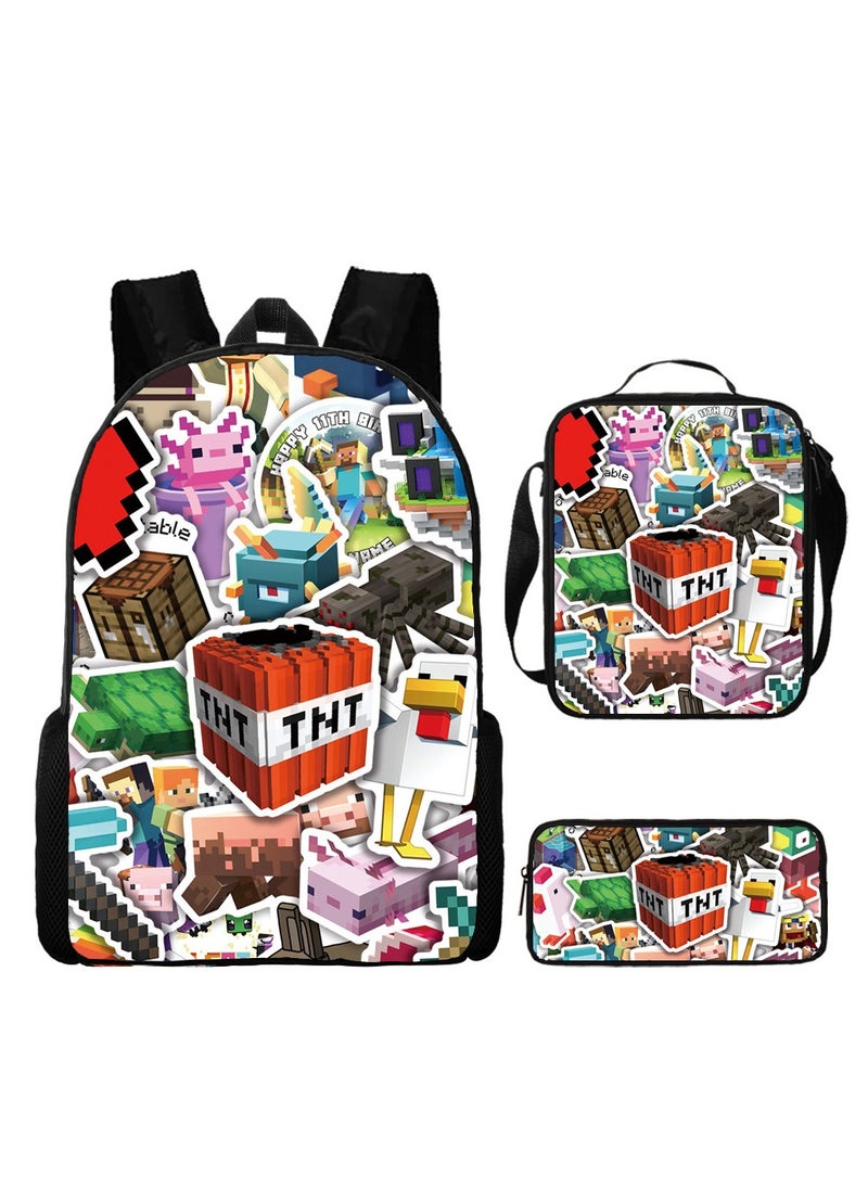 MINECRAFT Digital Printing Large Capacity Backpack Three piece Set Lunch Bag Pen Bag Polyester Comfortable Load Reducing Backpack for Students and Children Unisex  - Image 1