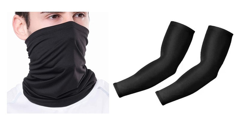 PrimeBox Men's Cotton Lycra Bikers Dust Protection Soft Fabric Face Mask Bandana and Arm Sleeves Combo Set of 2 Pcs (1 Black Bandana; 1 pair Arm sleeves) - Image 1