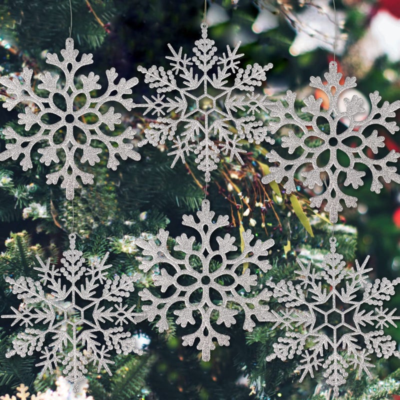 kockuu 6pcs Large Silver Snowflakes Ornaments 12  Big Plastic Glitter Snowflake for Winter Indoor Outdoor Christmas Tree Window Room Decorations Giant Craft Snowflakes - Image 1