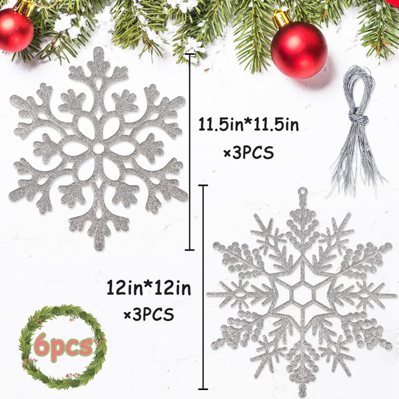 kockuu 6pcs Large Silver Snowflakes Ornaments 12  Big Plastic Glitter Snowflake for Winter Indoor Outdoor Christmas Tree Window Room Decorations Giant Craft Snowflakes - Image 3