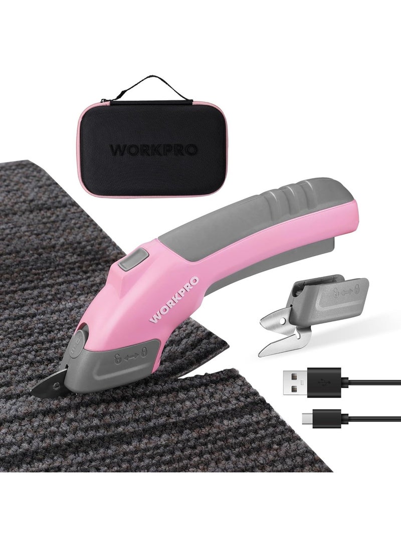 WORKPRO مقص كهربائي لاسلكي 4 فولت مع شفراتين، قاطع للأقمشة، الجلد، السجاد والورق المقوى، مقص قوي قابل لإعادة الشحن بسعة 2000 مللي أمبير مع حقيبة تخزين - Image 1