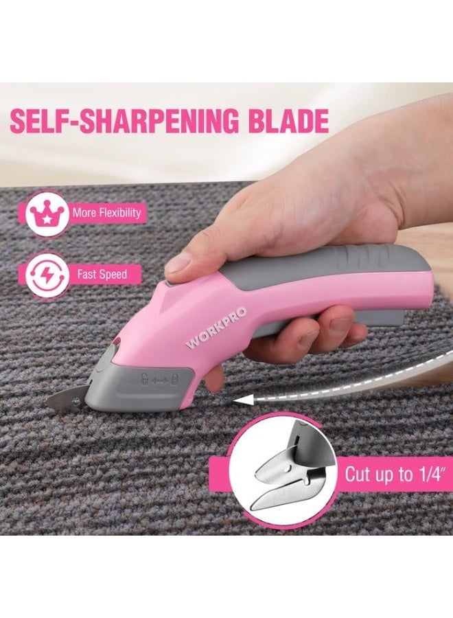 WORKPRO مقص كهربائي لاسلكي 4 فولت مع شفراتين، قاطع للأقمشة، الجلد، السجاد والورق المقوى، مقص قوي قابل لإعادة الشحن بسعة 2000 مللي أمبير مع حقيبة تخزين - Image 2