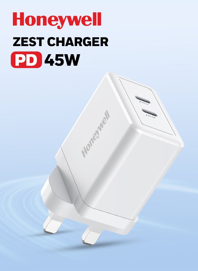 هوني ويل Zest Charger GaN 45W، شاحن حائط فائق السرعة مع دعم PPS، منفذ 2xType C PD 3.0، متوافق مع iPhone، iPad Pro، Pixel، Galaxy، Oneplus، Tablet، الساعات الذكية- - Image 1