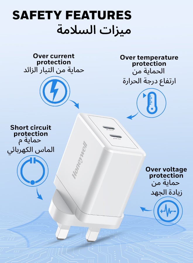 هوني ويل Zest Charger GaN 45W، شاحن حائط فائق السرعة مع دعم PPS، منفذ 2xType C PD 3.0، متوافق مع iPhone، iPad Pro، Pixel، Galaxy، Oneplus، Tablet، الساعات الذكية- - Image 3