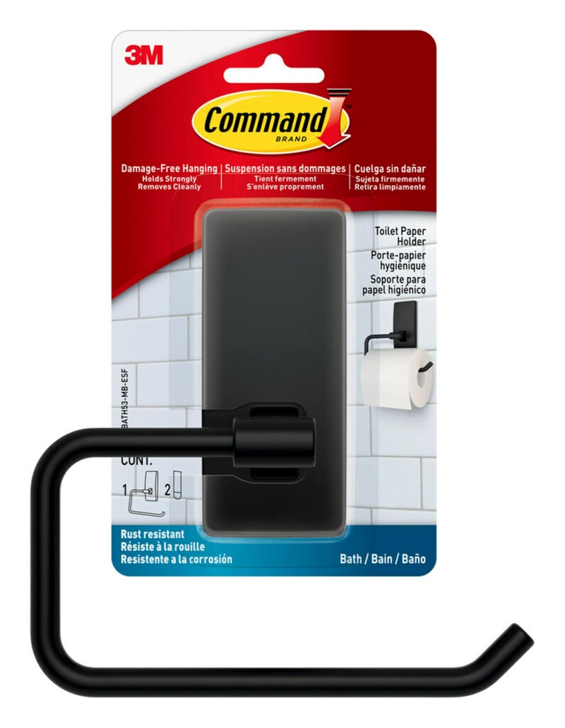 Command Toilet Paper Holder Matte Black with Water Resistant Command Strips, Rust Resistant Bathroom Organizer - Image 1