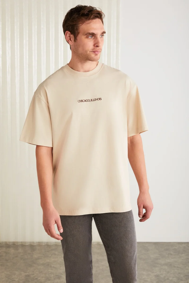 GRIMELANGE Barack Men's Cotton Short Sleeve Printed and Embroidered Beige T-Shirt