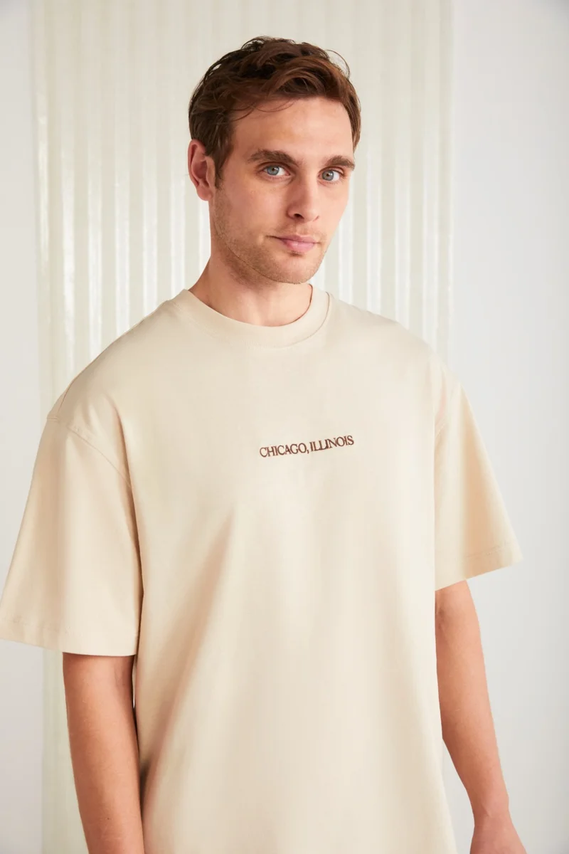 GRIMELANGE Barack Men's Cotton Short Sleeve Printed and Embroidered Beige T-Shirt