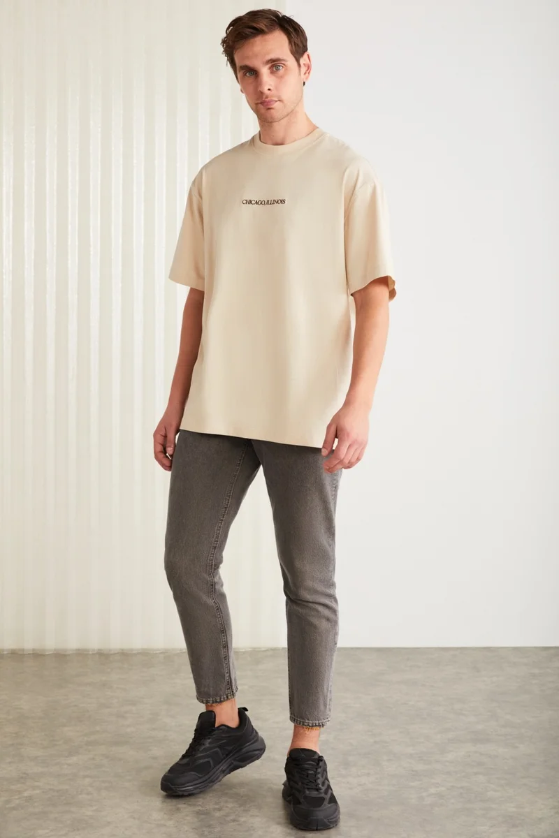 GRIMELANGE Barack Men's Cotton Short Sleeve Printed and Embroidered Beige T-Shirt