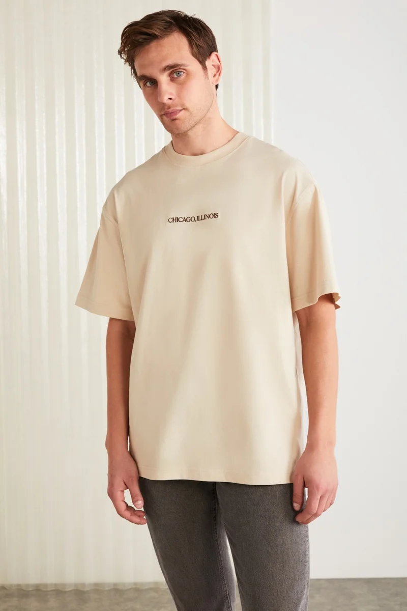 GRIMELANGE Barack Men's Cotton Short Sleeve Printed and Embroidered Beige T-Shirt