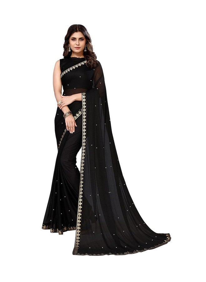 Florence ساري نسائي أسود من ليكرا مزخرف مع دانتيل مع بلوزة غير مخيطة (JUGAL91-BLACK، مقاس مجاني) - Image 1