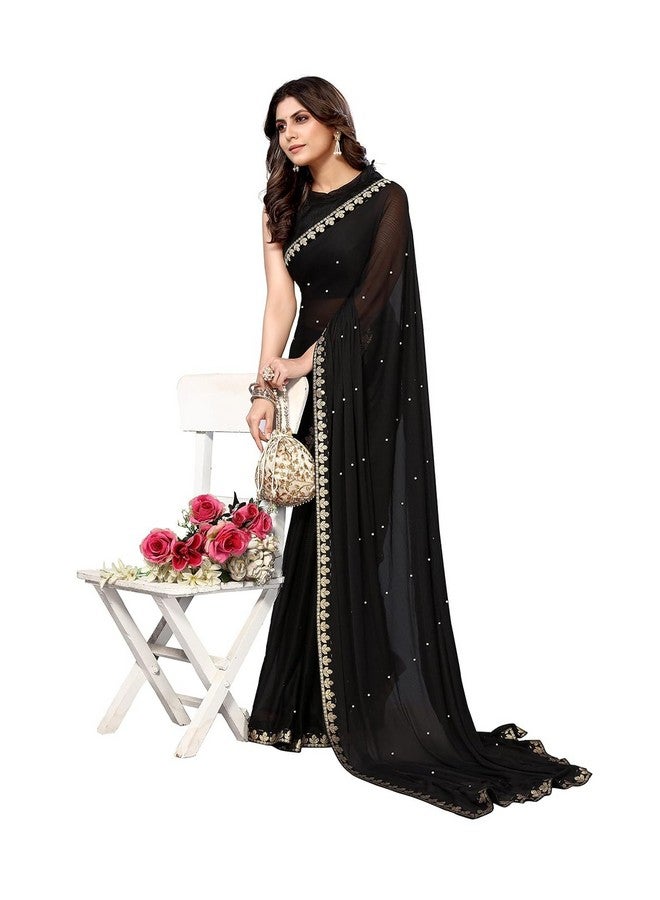 Florence ساري نسائي أسود من ليكرا مزخرف مع دانتيل مع بلوزة غير مخيطة (JUGAL91-BLACK، مقاس مجاني) - Image 4