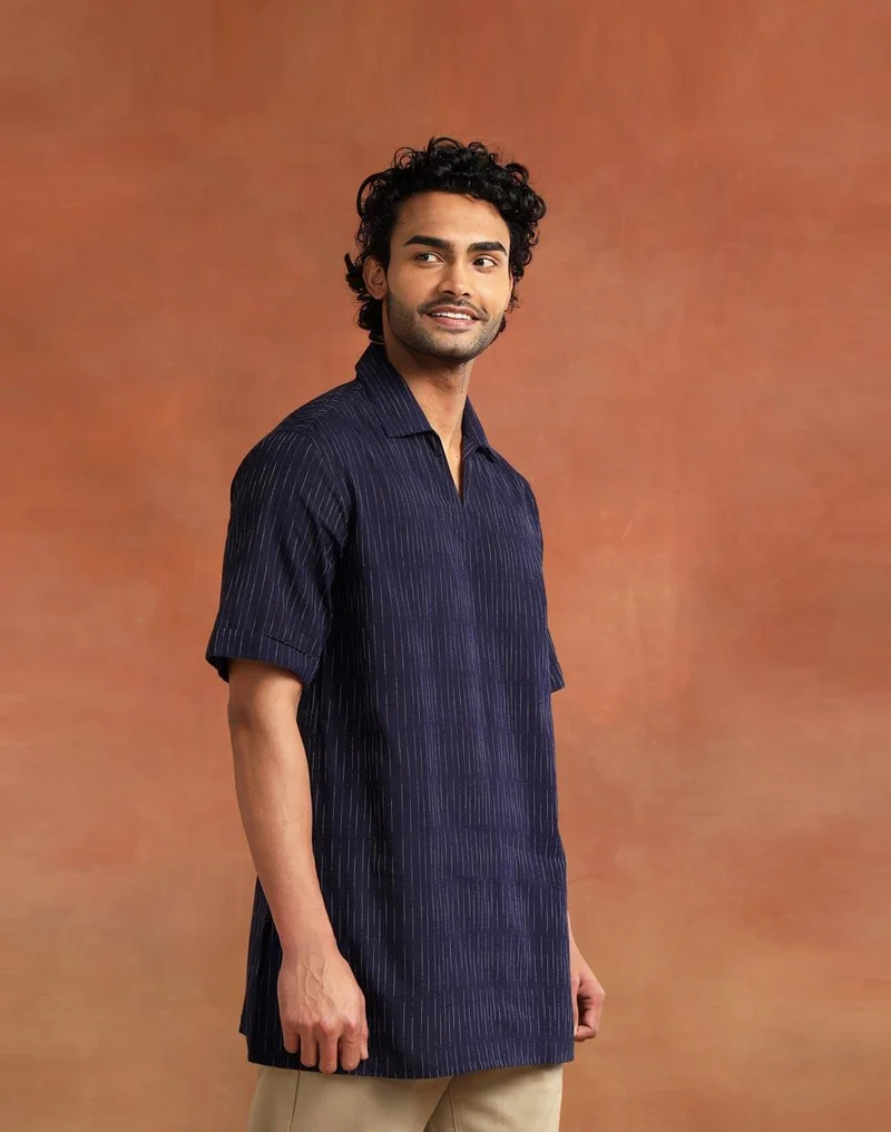 Fabindia  Navy Cotton Dobby Short Kurta for Men | Best Price UAE