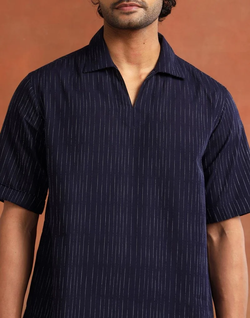 Fabindia  Navy Cotton Dobby Short Kurta for Men | Best Price UAE