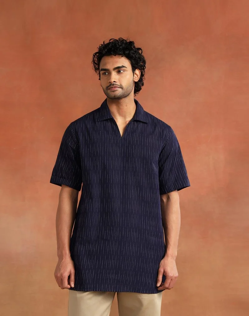 Fabindia Navy Cotton Dobby Short Kurta