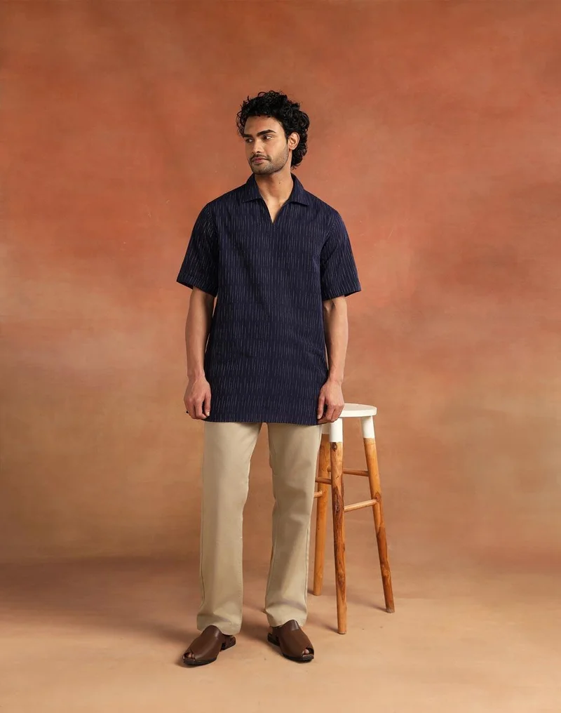 Fabindia  Navy Cotton Dobby Short Kurta for Men | Best Price UAE
