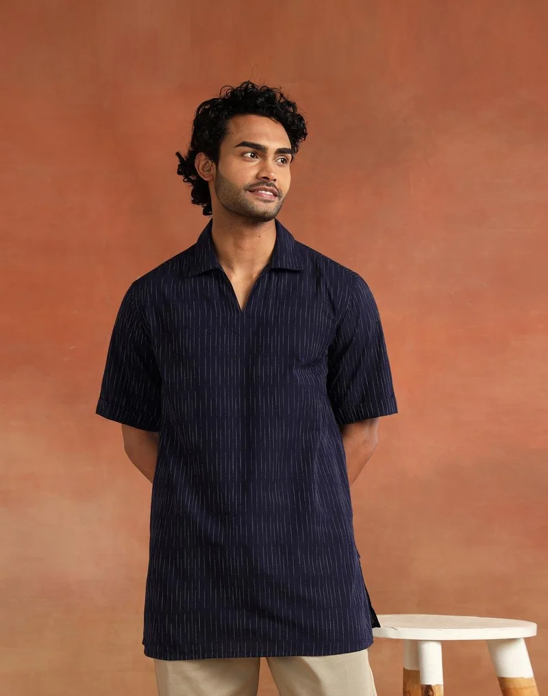 Fabindia Navy Cotton Dobby Short Kurta