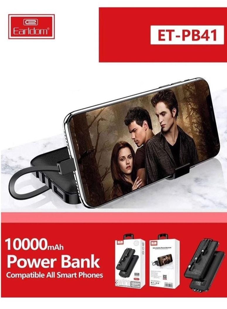 Earldom PB41 Power Bank 10000 mAh 3 Types Charging Cable and LCD Screen, Black - Image 1