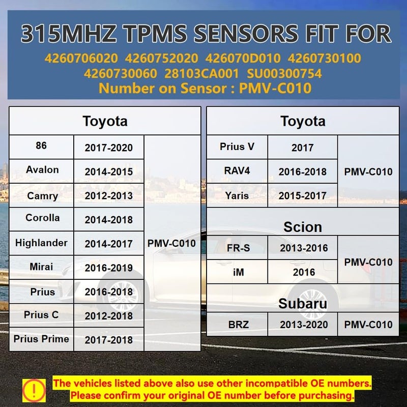 AMICAREP TPMS Tire Pressure Sensors 315MHz Set of 4 for Toyota Camry, Highlander, Scion FR-S & Subaru BRZ - Image 2