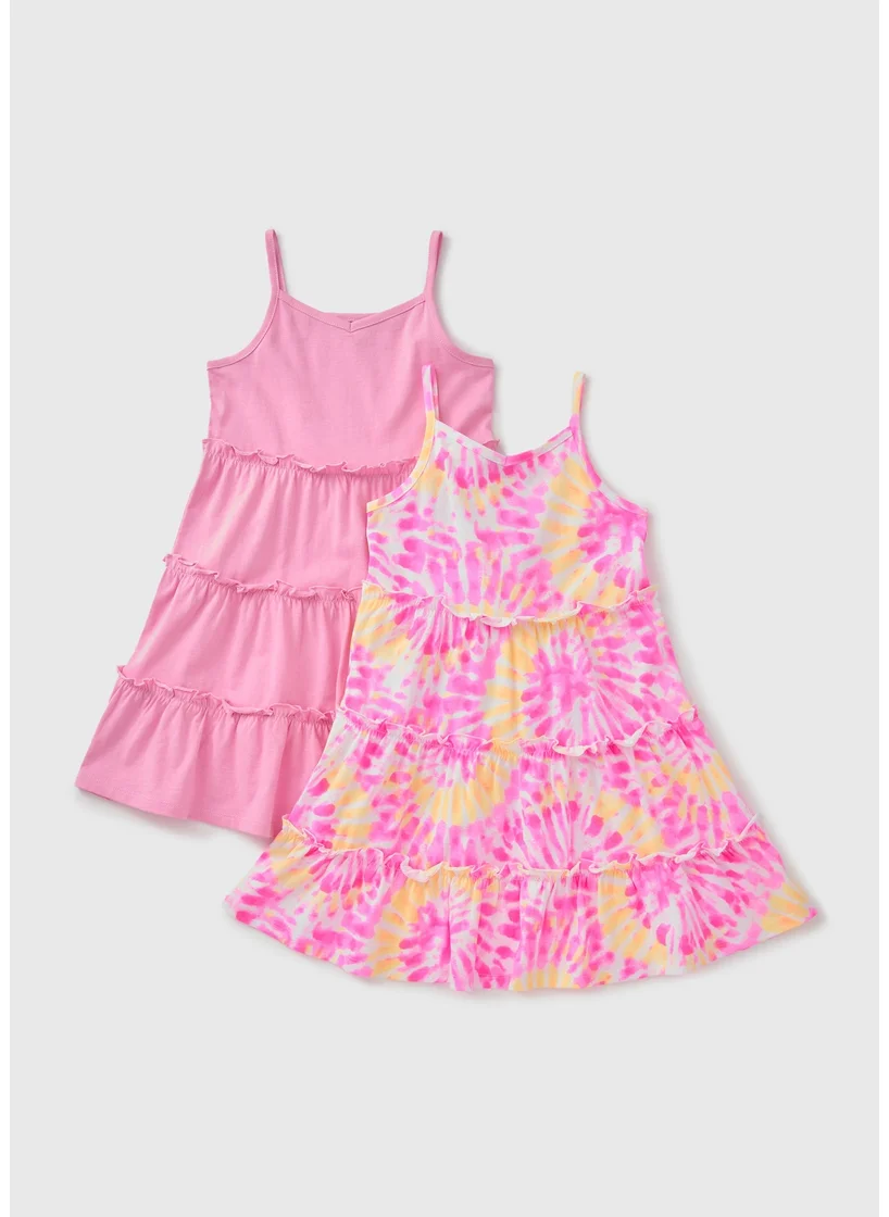 Matalan 2 Pack Girls Pink Tie Dye Tiered Dress